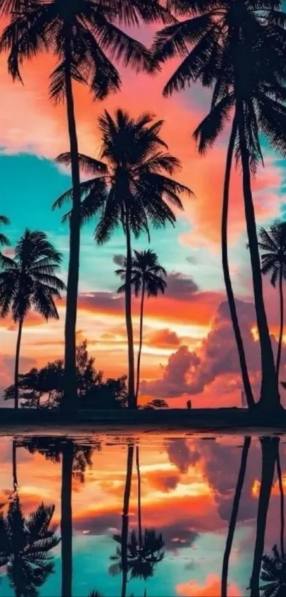 Tropical sunset with palm trees and reflection on water.