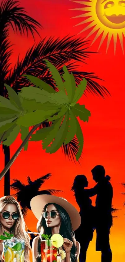 Tropical sunset with palm trees, a couple, and women with cocktails in vibrant colors.