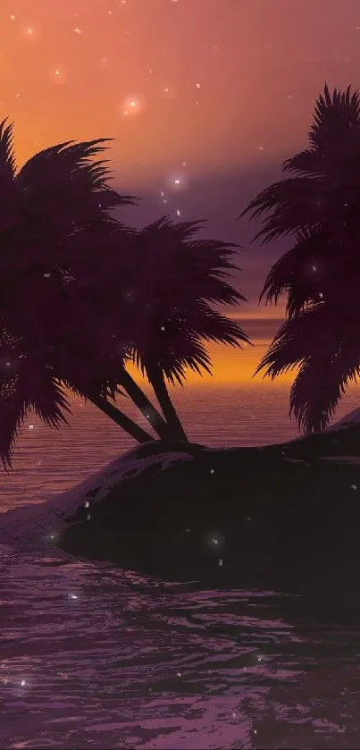 Tropical sunset with palm tree silhouettes and a purple horizon.