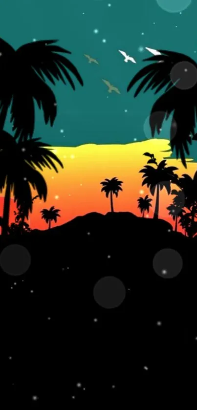 Mobile wallpaper featuring tropical sunset with palm silhouettes.