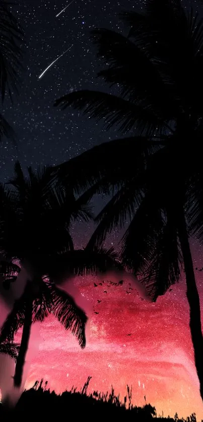 Palm tree silhouettes at sunset under a starry sky wallpaper.