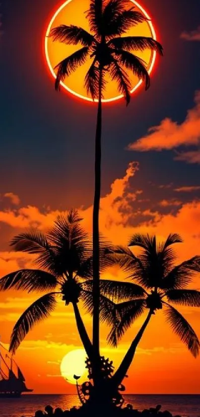 Sunset view with palm trees and ocean backdrop creating tropical paradise.