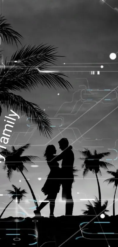 Silhouette of couple under palm trees at sunset on mobile wallpaper.