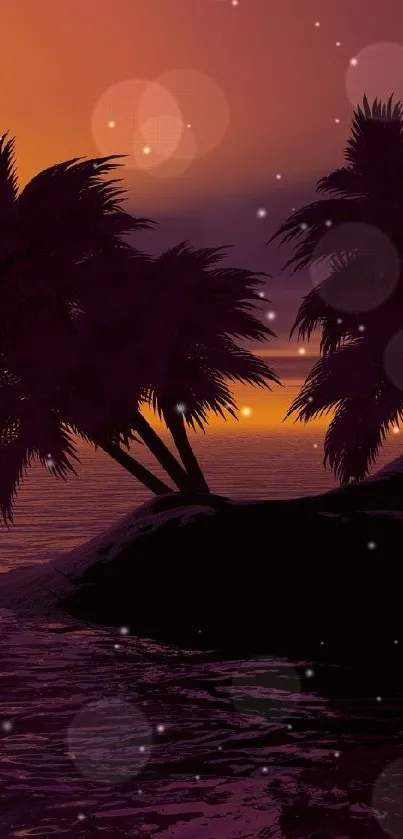 Tropical sunset with silhouetted palm trees reflecting on water.