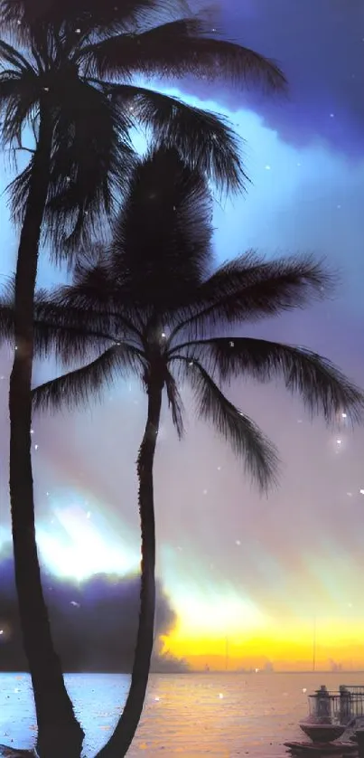 Silhouette of palm trees against a colorful tropical sunset.