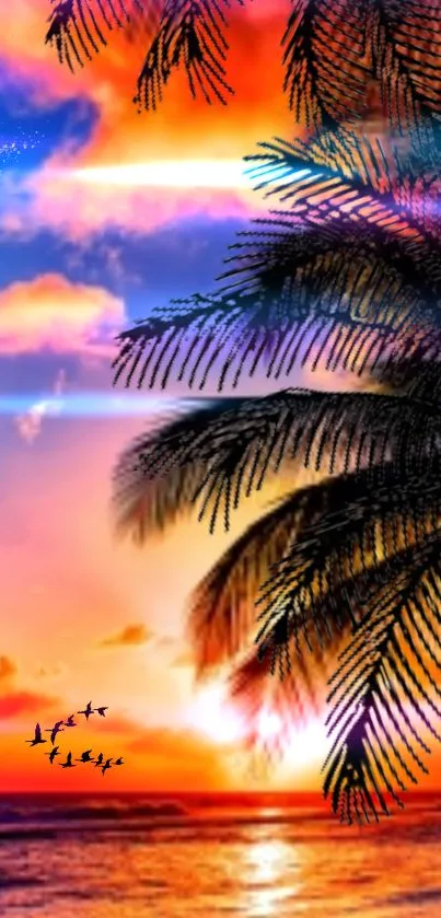 Vibrant tropical sunset wallpaper with silhouetted palm trees.