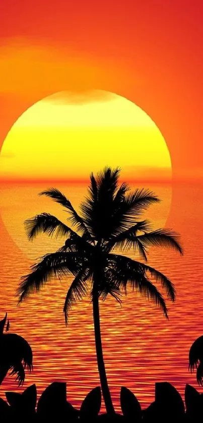 Vibrant tropical sunset with palm silhouettes over ocean.