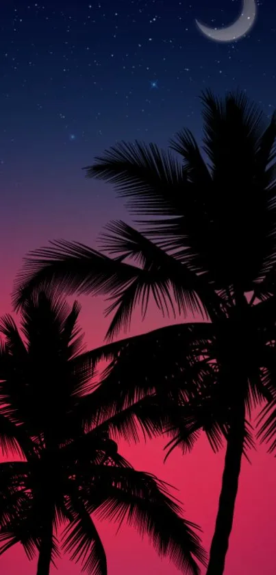 Silhouetted palm trees against tropical sunset sky.