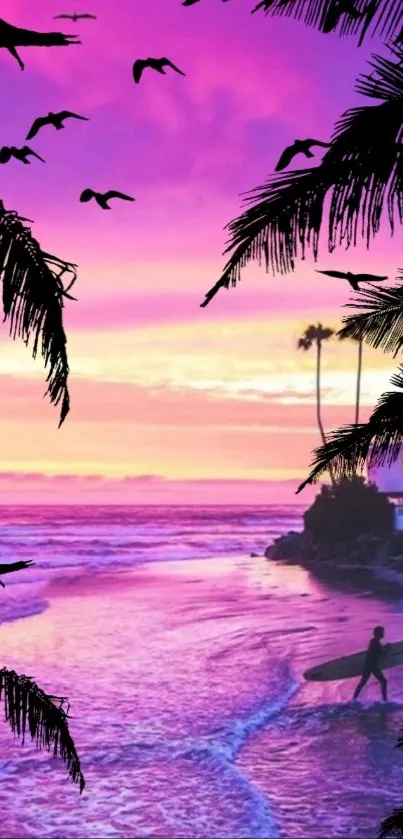 Vibrant tropical sunset with palm trees and surfer.