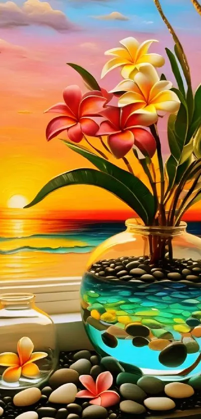 Vivid tropical sunset wallpaper with flowers in a glass vase.