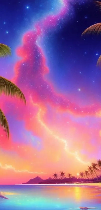 Tropical sunset wallpaper with vibrant colors and a starry sky.