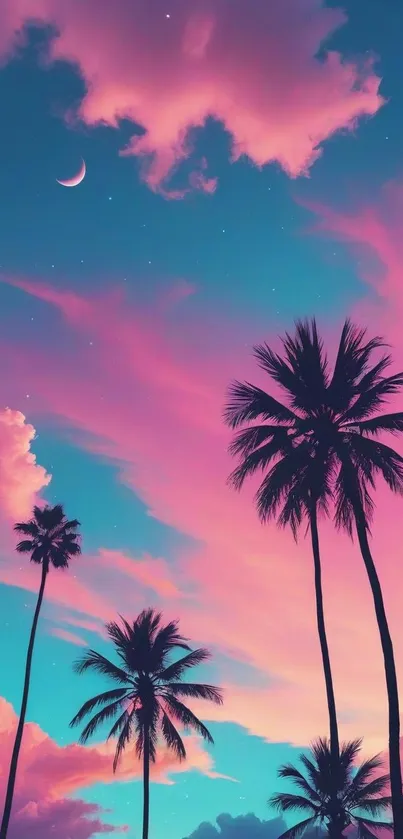 Tropical sunset with palm trees silhouette on pink and blue sky wallpaper.