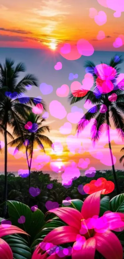 Tropical sunset with palm trees and pink floral overlays.