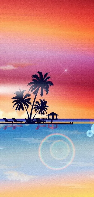 Tropical sunset with palm tree silhouettes over water.