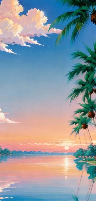 Tropical sunset with palm trees reflecting on the ocean.