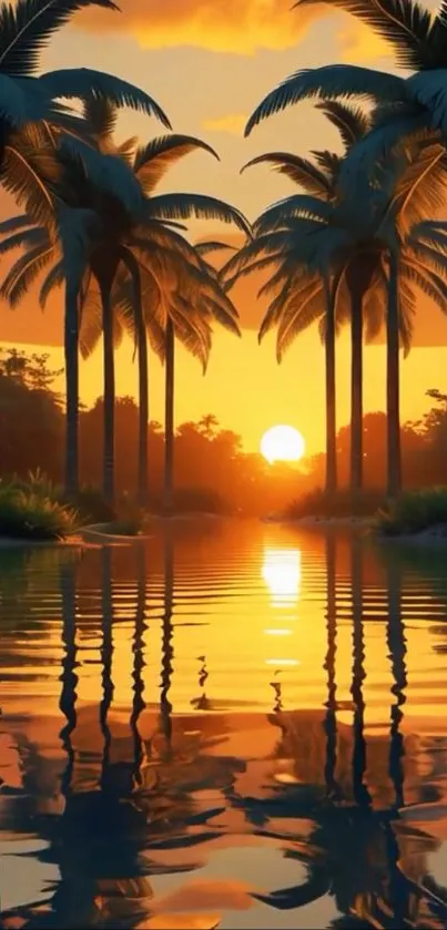 Tropical sunset with palm trees and reflection on water.