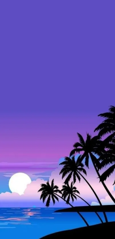 Vibrant tropical beach sunset with palms and violet sky.