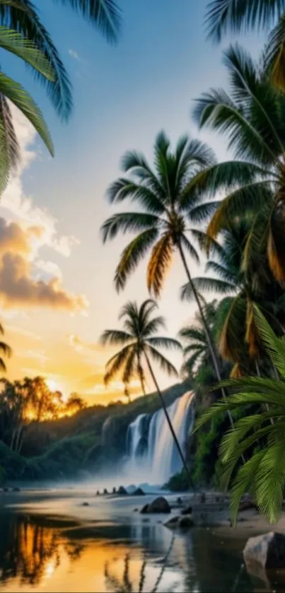 Tranquil tropical sunset with waterfall and palm trees.