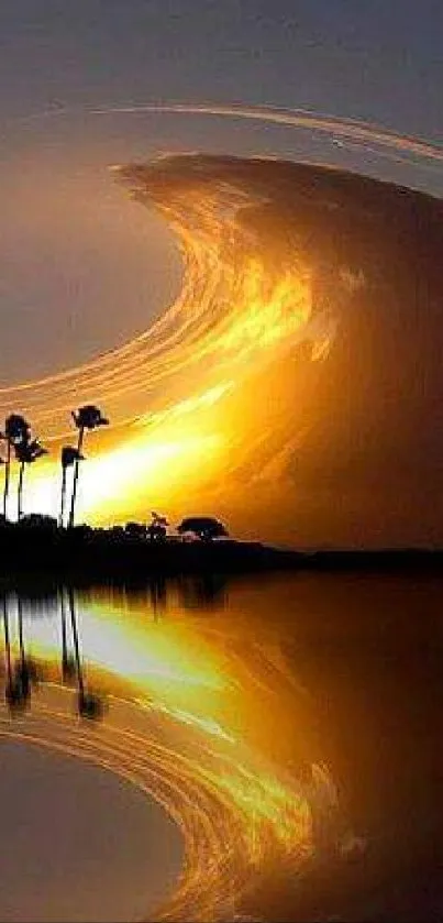 Tropical sunset with golden wave reflection over water.