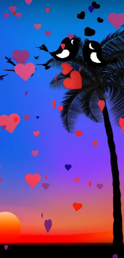 Tropical sunset with palm trees and flying birds silhouetted against a vibrant sky.