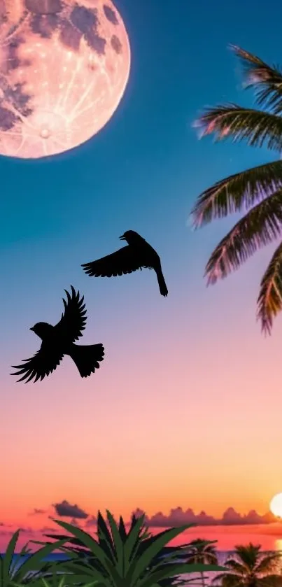 Bird silhouettes against a tropical sunset with palm trees and moon.