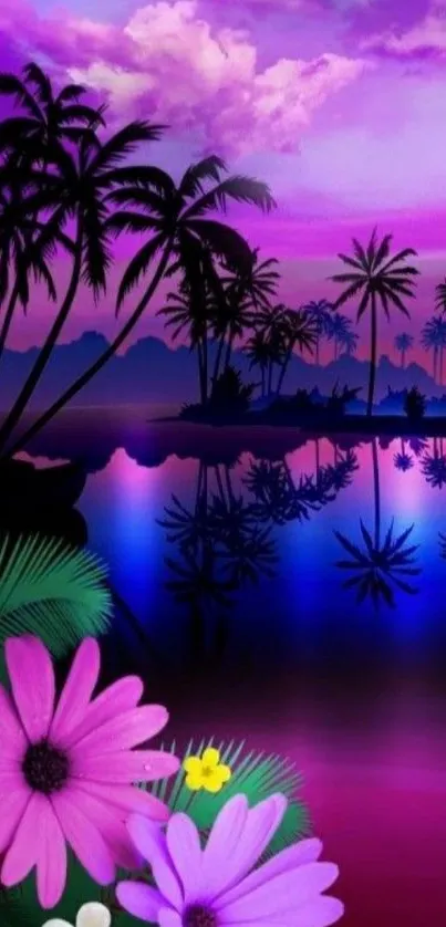 Vibrant tropical sunset with purple flowers and palm trees.