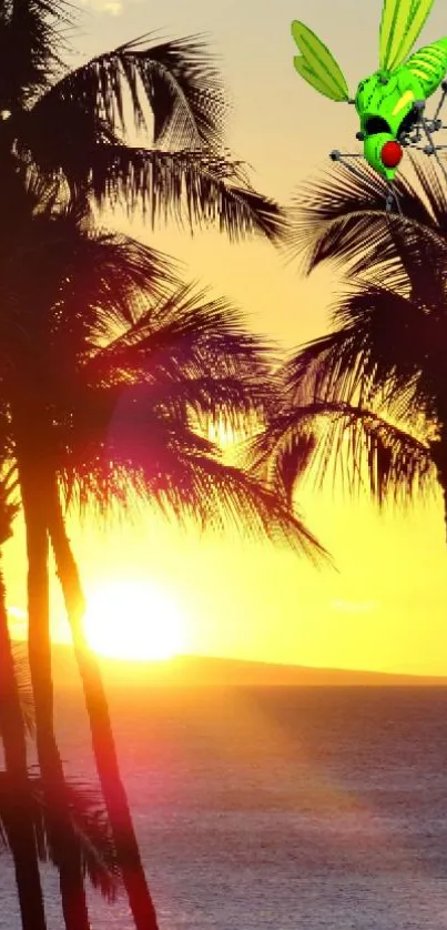 Vibrant parrot flying above sunset ocean with palm trees.