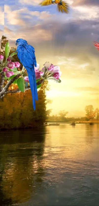 Tropical sunset with parrots and river scene wallpaper.