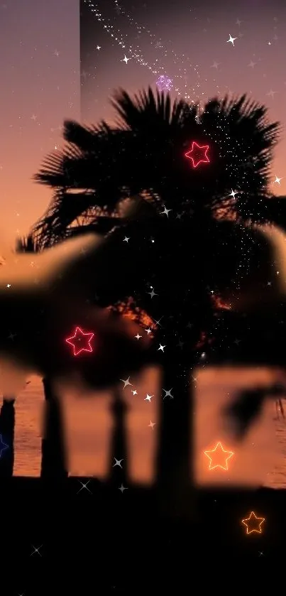Peaceful tropical sunset with palm silhouettes and starry sky.