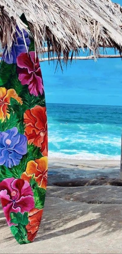 Colorful floral surfboard under tropical beach hut.