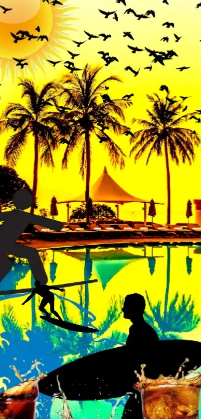 Silhouetted surfers at a tropical beach during sunset with palm trees.