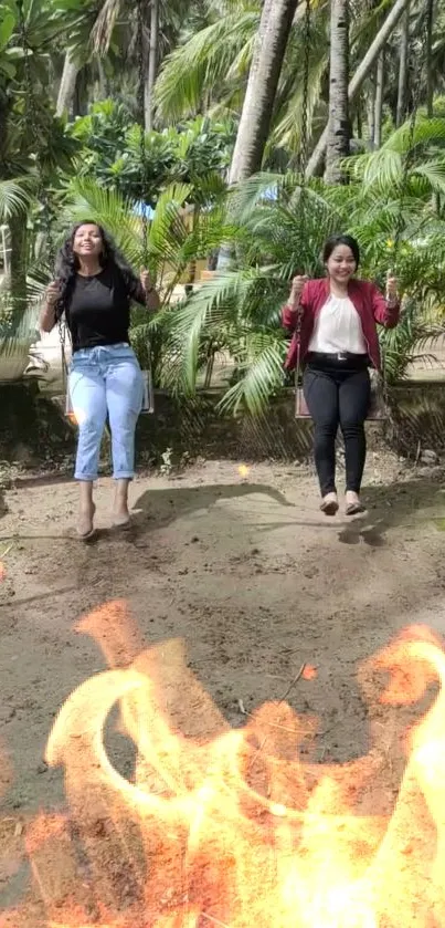 Two women swinging in a tropical park setting with fiery foreground.