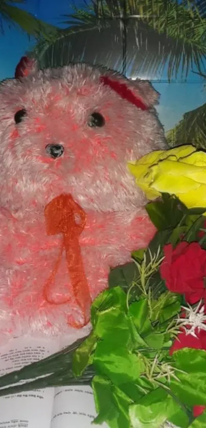 Fluffy teddy with tropical flowers and beach background.