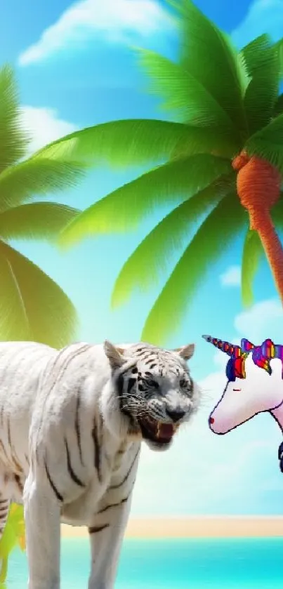 White tiger and unicorn on tropical beach with palms.