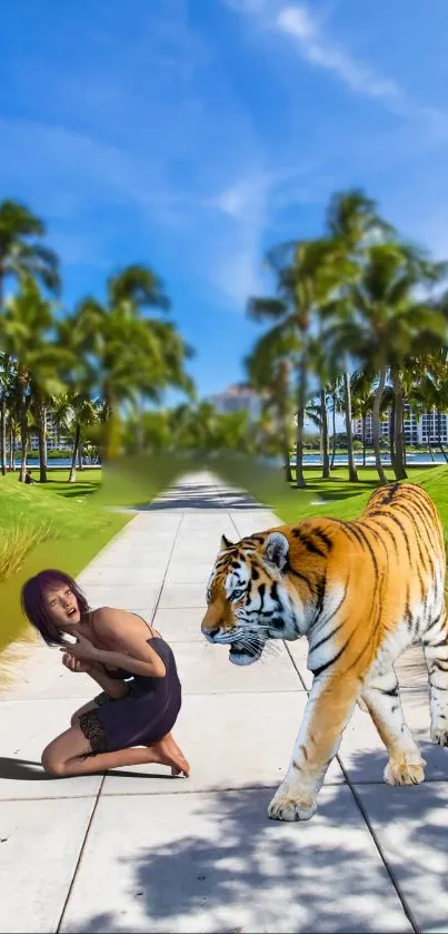 Tiger walking on tropical path with blue sky.