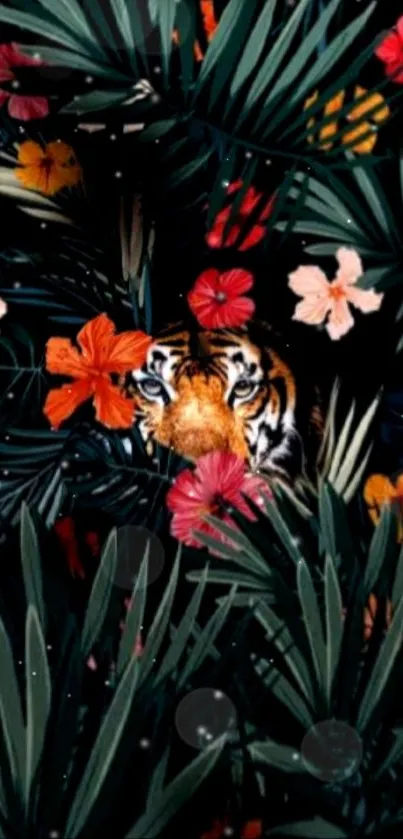 Tiger hidden in lush jungle with vibrant tropical flowers.