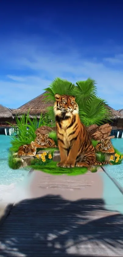 Majestic tiger and cubs on tropical island with ocean view.