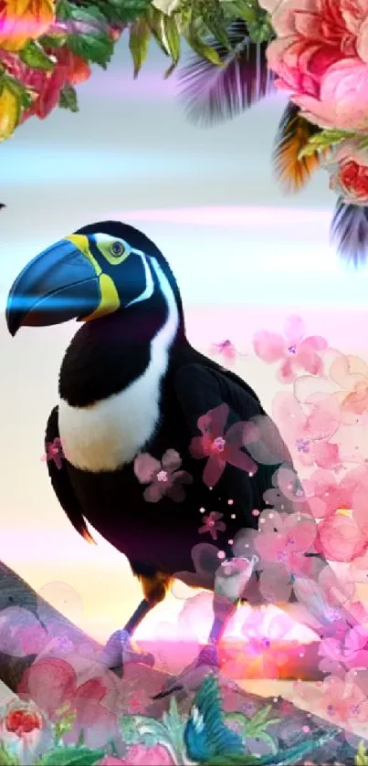 Vibrant tropical toucan with pink flowers and sunset background.