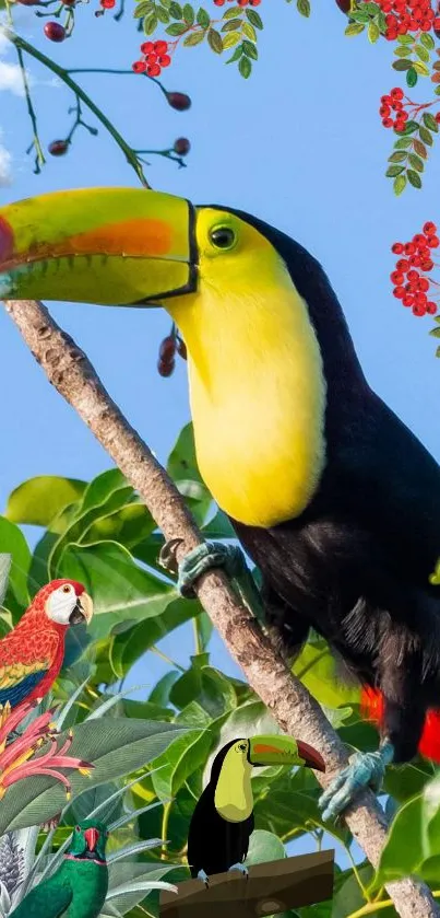 Tropical toucan perched amid vivid foliage.