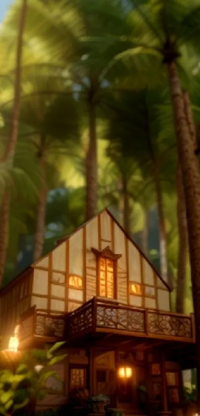 Tropical treehouse surrounded by palm trees in a serene setting.