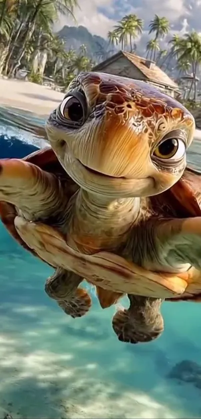 Smiling animated turtle under tropical waters with beach and palm trees.