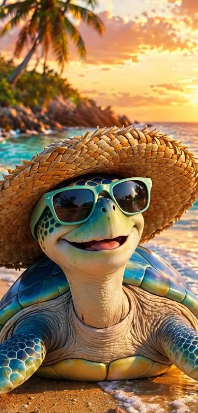 Turtle on a beach wearing sunglasses and straw hat at sunset.