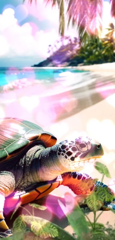 Tropical beach scene with a turtle and palm trees in vibrant colors.