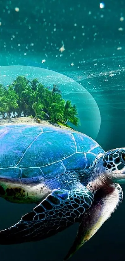 Vibrant turtle carrying a tropical island underwater.