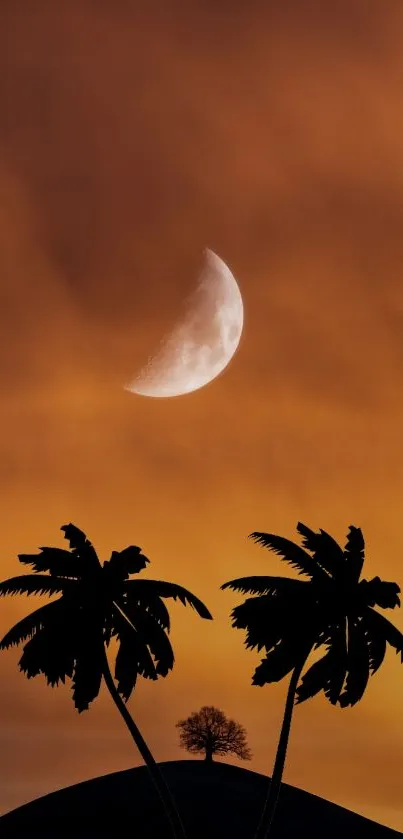 Silhouetted palms under crescent moon in orange sunset backdrop.