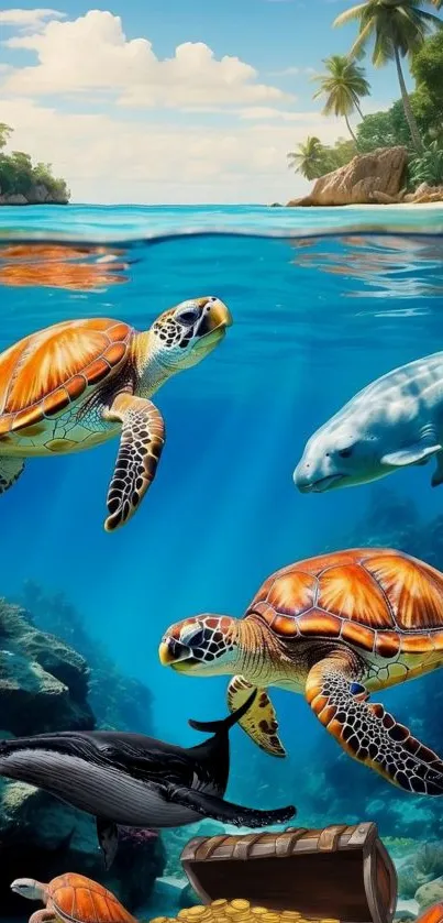 Tropical underwater scene with turtles and dolphins.