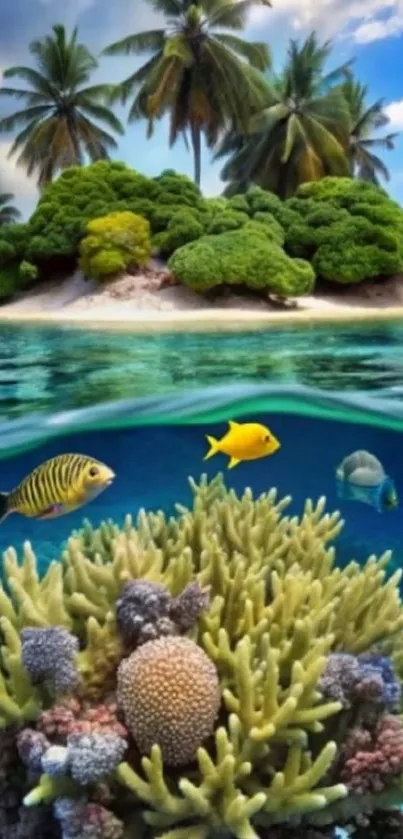 Tropical island with coral reef and fish underwater.