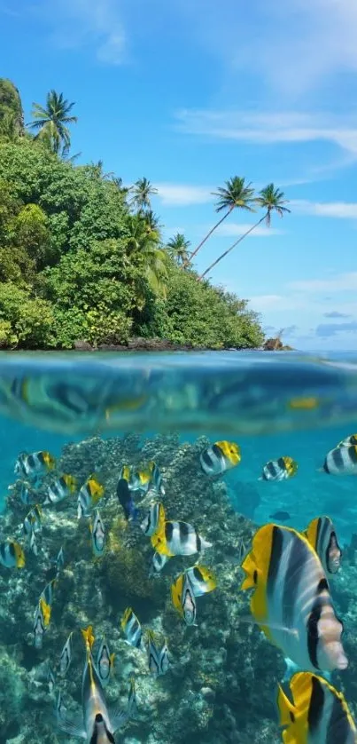 Colorful tropical fish swim near a lush island in a vibrant ocean setting.