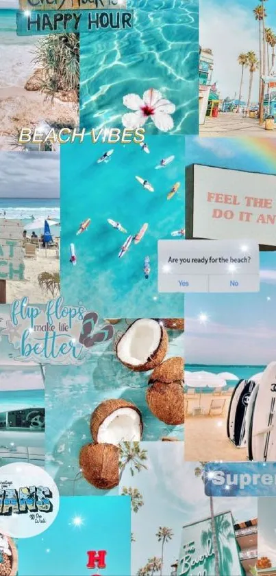 Vibrant beach collage with palms, ocean, and summer quotes.