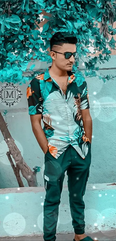 Man in tropical shirt with turquoise backdrop.